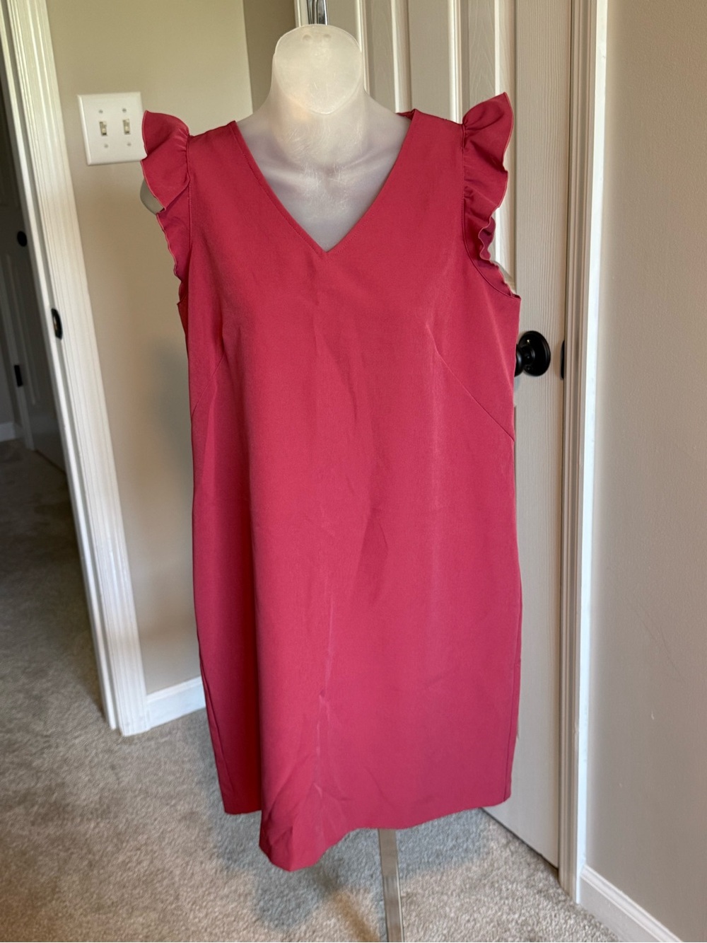 LOFT Raspberry Pink V-Neck Ruffle Sleeve Midi Dress tiny snag pictured